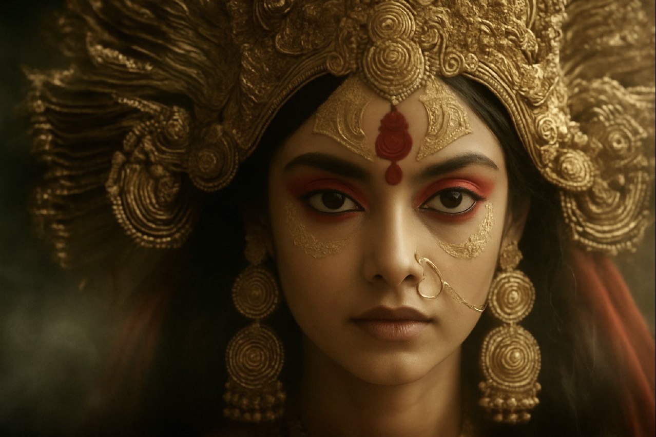 The face of Durga — gold mukut, red shringar, the serene gaze of the goddess.