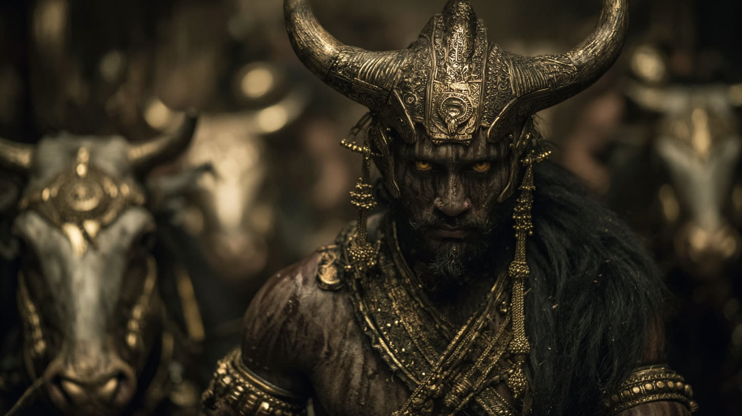 The asura king Mahishasura — horned crown, the antagonist of the Devi Mahatmya.